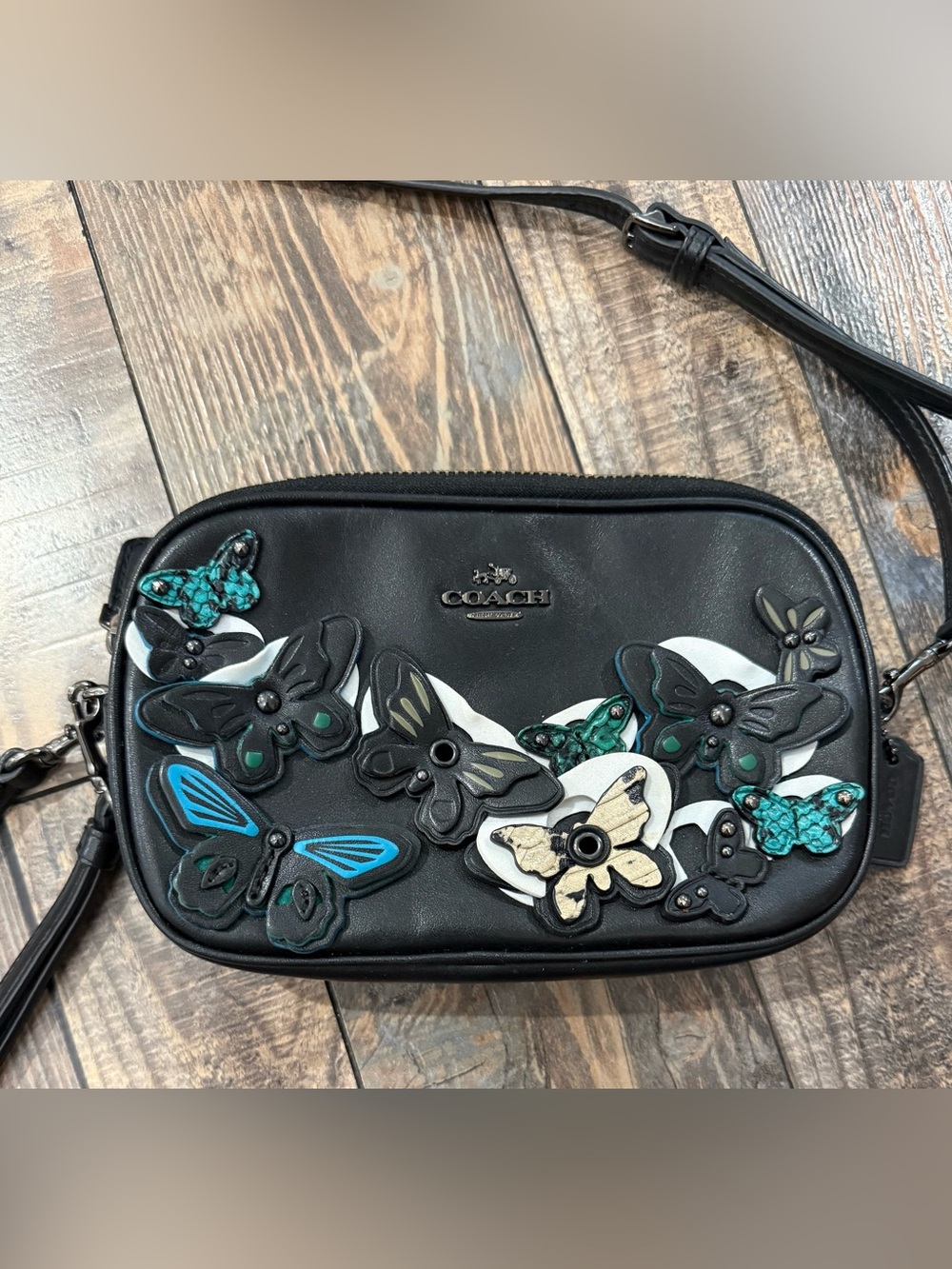 Coach Black Leather Crossbody with Multicolor Butterfly Appliqués